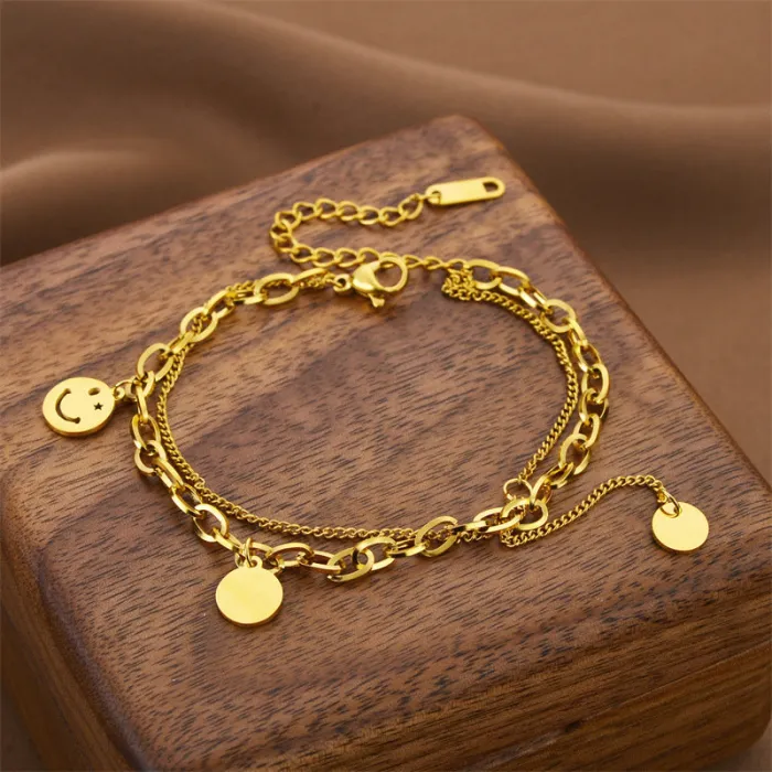 Boho Smiley Charm Bracelet – Stainless Steel Korean Layered Chain Jewelry for Women | Tarnish-Resistant | Wholesale