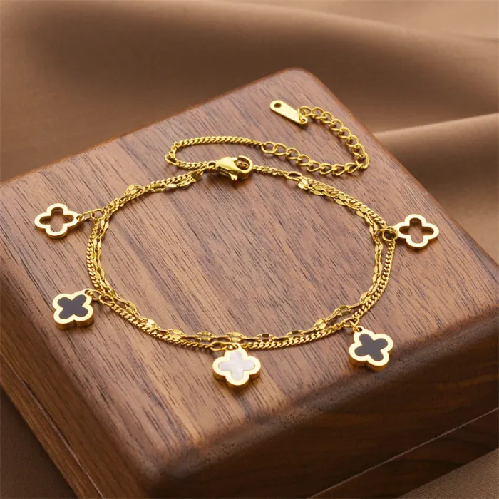 Korean Clover Charm Bracelet – Bohemian Stainless Steel Dual Chain Jewelry for Women | Everyday Wear | Wholesale