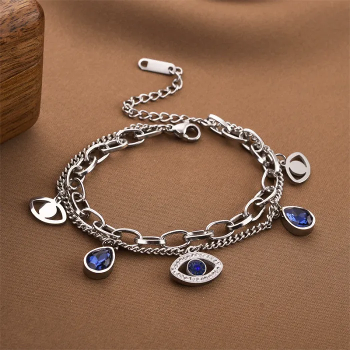 Evil Eye Charm Bracelet – Korean Boho Chain with Blue Crystal Drops for Women | Stainless Steel | Wholesale
