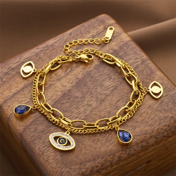 Evil Eye Charm Bracelet – Korean Boho Chain with Blue Crystal Drops for Women | Stainless Steel | Wholesale