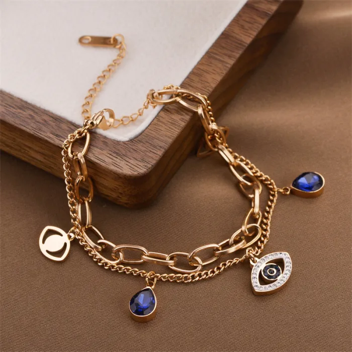 Evil Eye Charm Bracelet – Korean Boho Chain with Blue Crystal Drops for Women | Stainless Steel | Wholesale