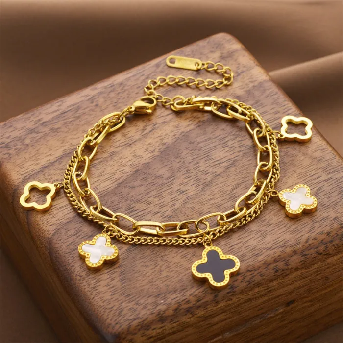  Clover Charm Double-Layer Bracelet – Korean Gold Plated Stainless Steel Jewelry | Elegant | Wholesale
