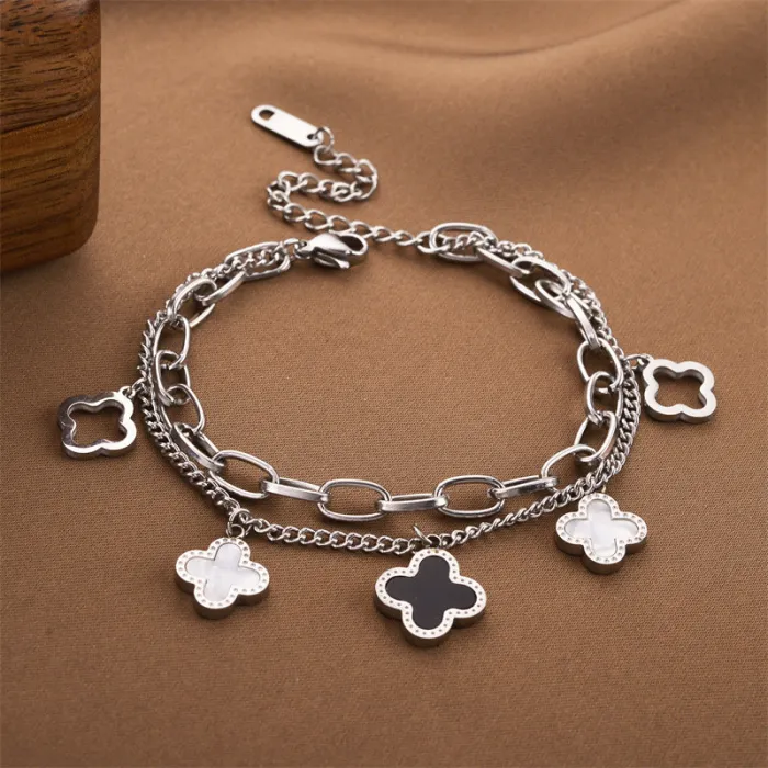  Clover Charm Double-Layer Bracelet – Korean Gold Plated Stainless Steel Jewelry | Elegant | Wholesale