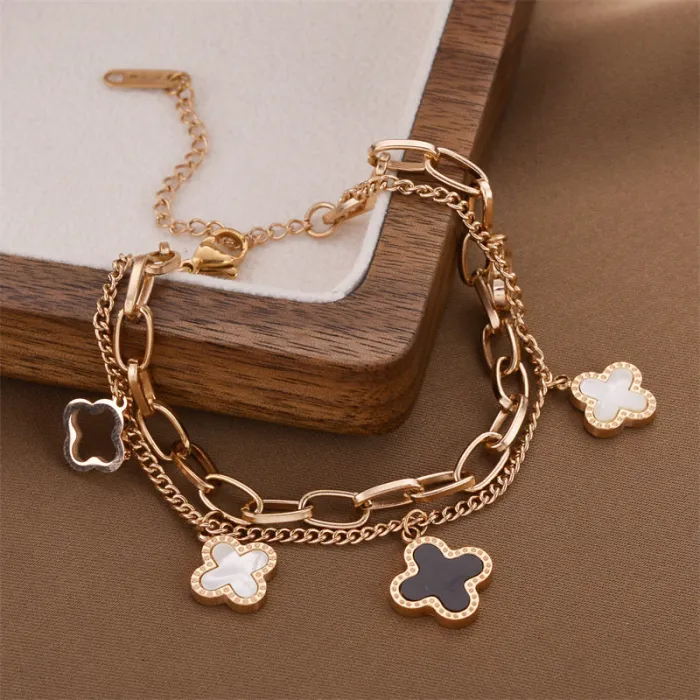  Clover Charm Double-Layer Bracelet – Korean Gold Plated Stainless Steel Jewelry | Elegant | Wholesale
