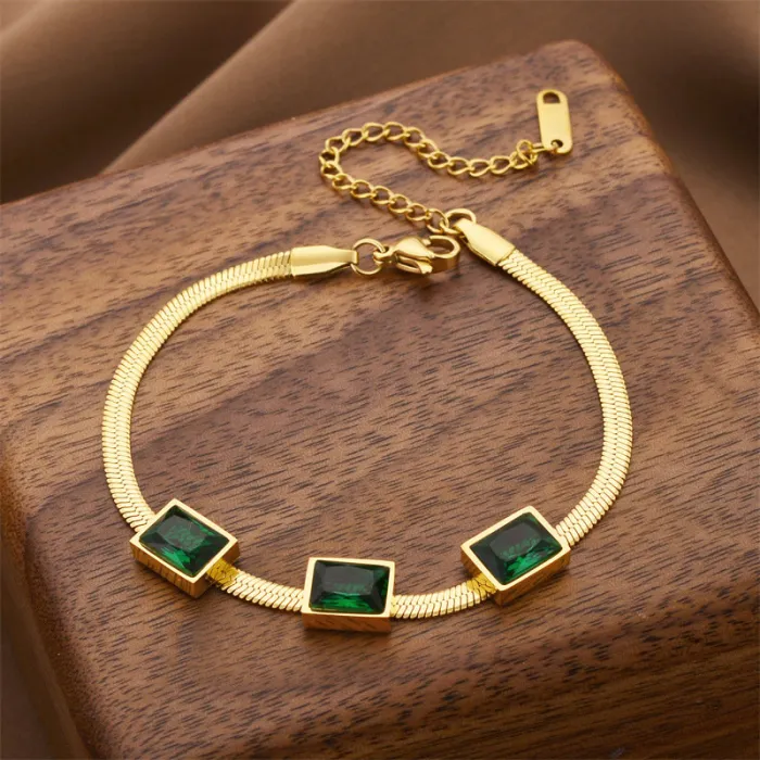 Emerald Rectangle Bracelet – Korean Style Stainless Steel Bracelet with Green Accents | Elegant Minimalist Jewelry | Wholesale