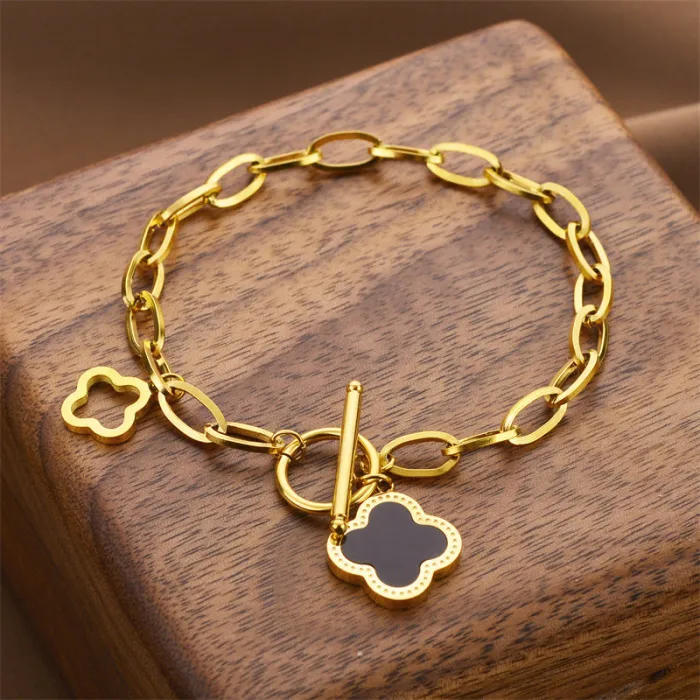 Clover Toggle Bracelet – Stainless Steel Chain Bracelet with Black Clover Charm | Korean Fashion Jewelry | Wholesale