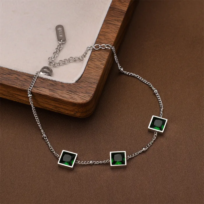 Minimalist Green Stone Bracelet – Dainty Chain Bracelet with Square Gemstones | Korean Jewelry for Women | Wholesale