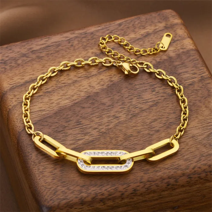 Geometric Link Bracelet – Gold Chain with Crystal-Encrusted Accent | Bold Korean Jewelry | Wholesale