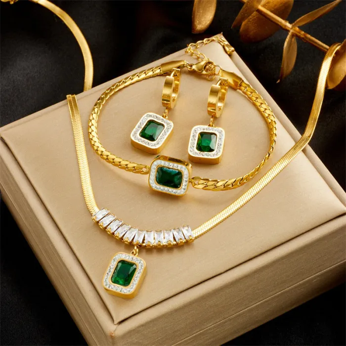 Emerald Green Sugar-Cube Zircon Jewelry Set – 3-Piece Dainty Pendant Necklace, Bracelet & Earrings | Gold-Plated Stainless Steel | Wholesale