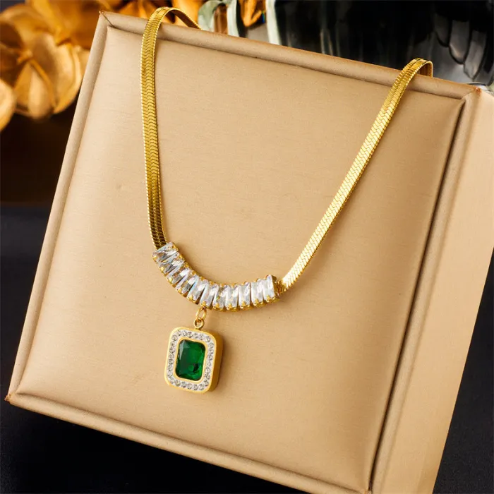 Emerald Green Sugar-Cube Zircon Jewelry Set – 3-Piece Dainty Pendant Necklace, Bracelet & Earrings | Gold-Plated Stainless Steel | Wholesale