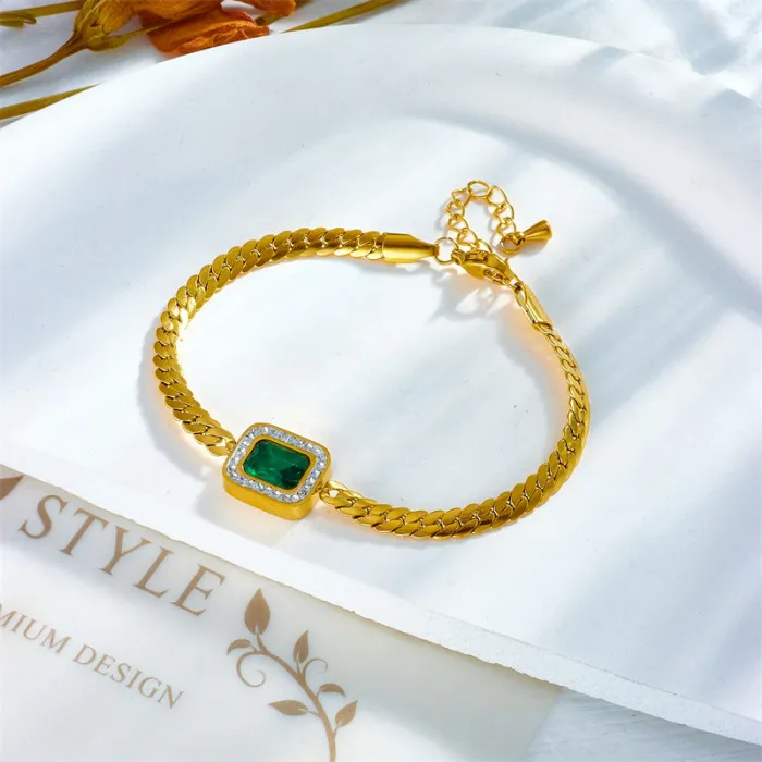 Emerald Green Sugar-Cube Zircon Jewelry Set – 3-Piece Dainty Pendant Necklace, Bracelet & Earrings | Gold-Plated Stainless Steel | Wholesale