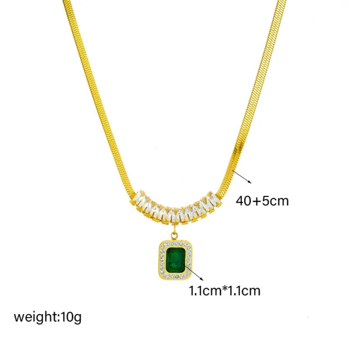 Emerald Green Sugar-Cube Zircon Jewelry Set – 3-Piece Dainty Pendant Necklace, Bracelet & Earrings | Gold-Plated Stainless Steel | Wholesale