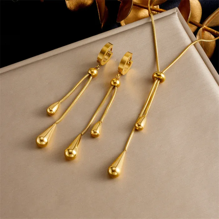 Adjustable Teardrop Chain Jewelry Set – Vintage Gold Stainless Steel Earrings & Necklace for Women | Minimalist Pull-Through Design | Wholesale