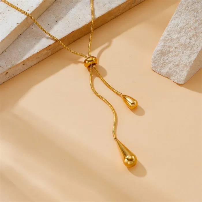 Adjustable Teardrop Chain Jewelry Set – Vintage Gold Stainless Steel Earrings & Necklace for Women | Minimalist Pull-Through Design | Wholesale
