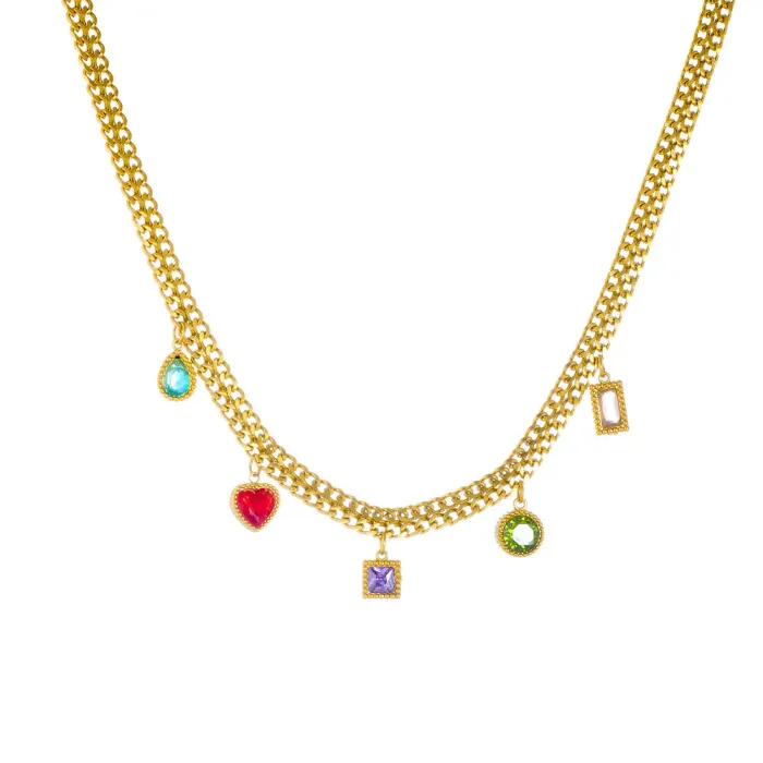 Colorful Rhinestone Heart Pendant Choker – Gold-Plated Stainless Steel Dainty Short Necklace for Women | Sweet Spicy Y2K Style | Wholesale Jewelry