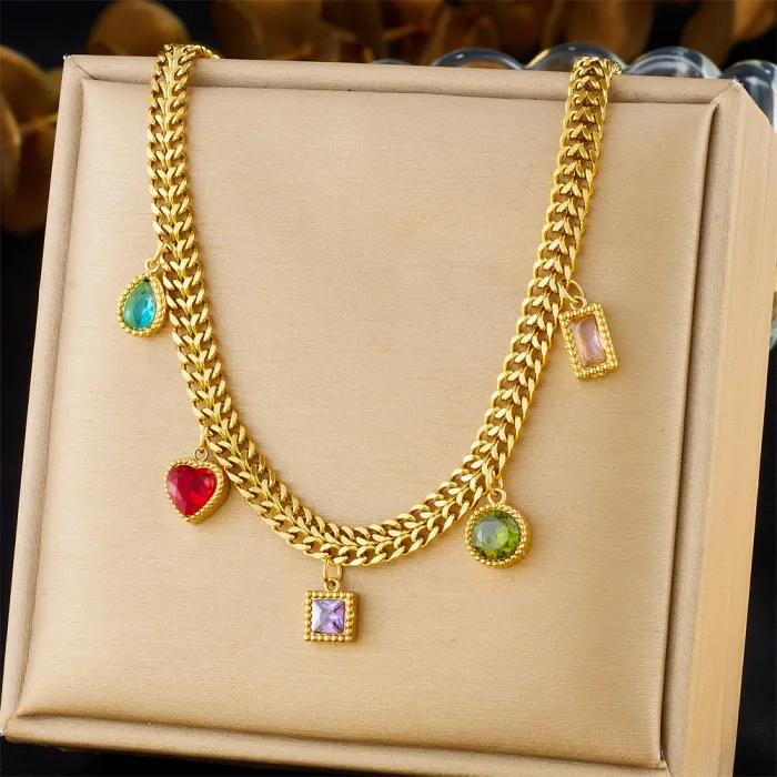 Colorful Rhinestone Heart Pendant Choker – Gold-Plated Stainless Steel Dainty Short Necklace for Women | Sweet Spicy Y2K Style | Wholesale Jewelry