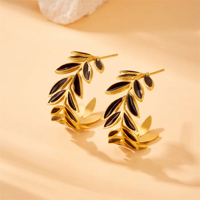 Black Leaf Jewelry Set for Women – Gold-Plated Stainless Steel Earrings, Ring & Necklace | Vintage Botanical Design | Wholesale Accessories