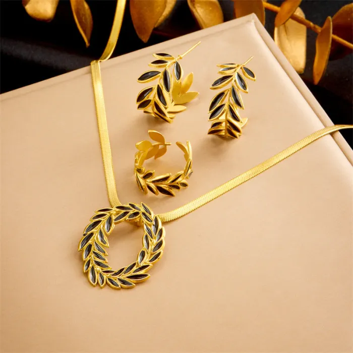 Black Leaf Jewelry Set for Women – Gold-Plated Stainless Steel Earrings, Ring & Necklace | Vintage Botanical Design | Wholesale Accessories