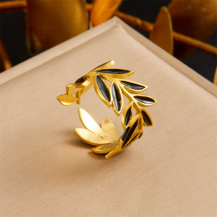 Black Leaf Jewelry Set for Women – Gold-Plated Stainless Steel Earrings, Ring & Necklace | Vintage Botanical Design | Wholesale Accessories