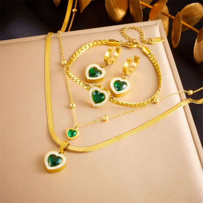 Emerald Green Heart Jewelry Set – Vintage Rhinestone Stainless Steel Necklace, Bracelet & Stud Earrings | Gold-Tone Chain Accessories | Wholesale