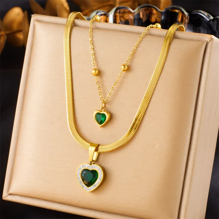 Emerald Green Heart Jewelry Set – Vintage Rhinestone Stainless Steel Necklace, Bracelet & Stud Earrings | Gold-Tone Chain Accessories | Wholesale