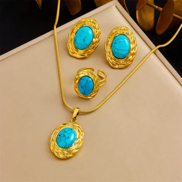 French Vintage Turquoise Jewelry Set – Braided Oval Stainless Steel Ring, Earrings & Necklace for Women | Elegant Boho Style | Wholesale