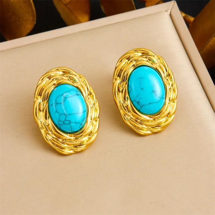 French Vintage Turquoise Jewelry Set – Braided Oval Stainless Steel Ring, Earrings & Necklace for Women | Elegant Boho Style | Wholesale