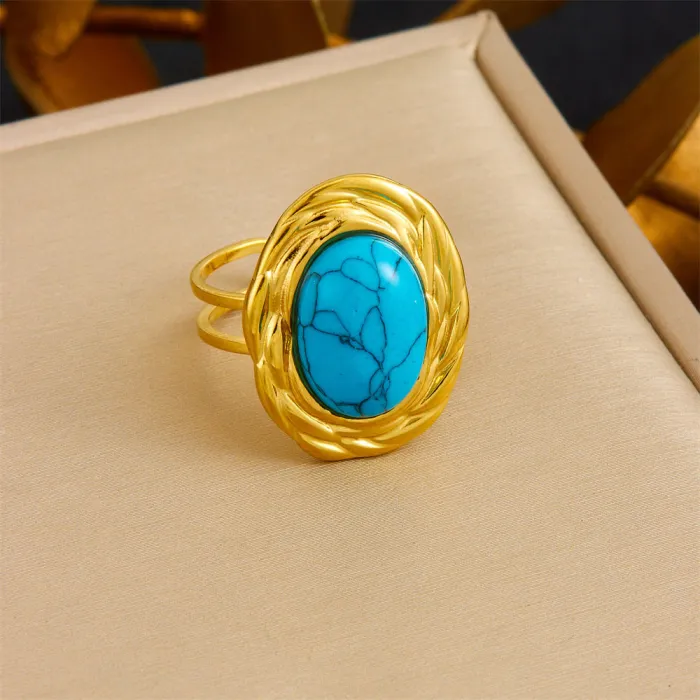 French Vintage Turquoise Jewelry Set – Braided Oval Stainless Steel Ring, Earrings & Necklace for Women | Elegant Boho Style | Wholesale