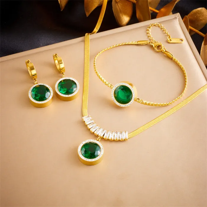 Vintage Green Gemstone Jewelry Set – Round Zircon Pendant Necklace, Earrings & Bracelet in Gold-Plated Stainless Steel | Elegant Retro Style | Wholesale