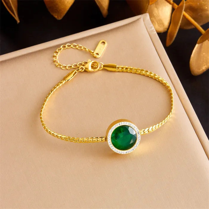 Vintage Green Gemstone Jewelry Set – Round Zircon Pendant Necklace, Earrings & Bracelet in Gold-Plated Stainless Steel | Elegant Retro Style | Wholesale