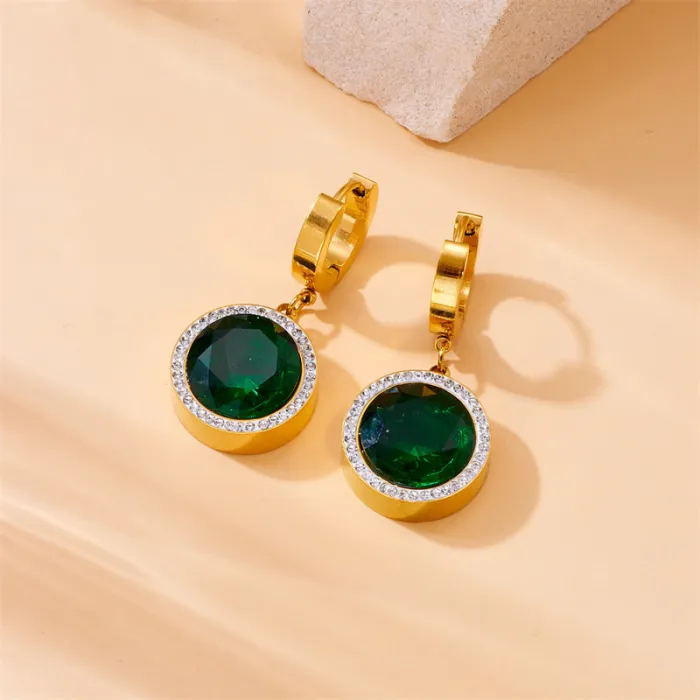 Vintage Green Gemstone Jewelry Set – Round Zircon Pendant Necklace, Earrings & Bracelet in Gold-Plated Stainless Steel | Elegant Retro Style | Wholesale