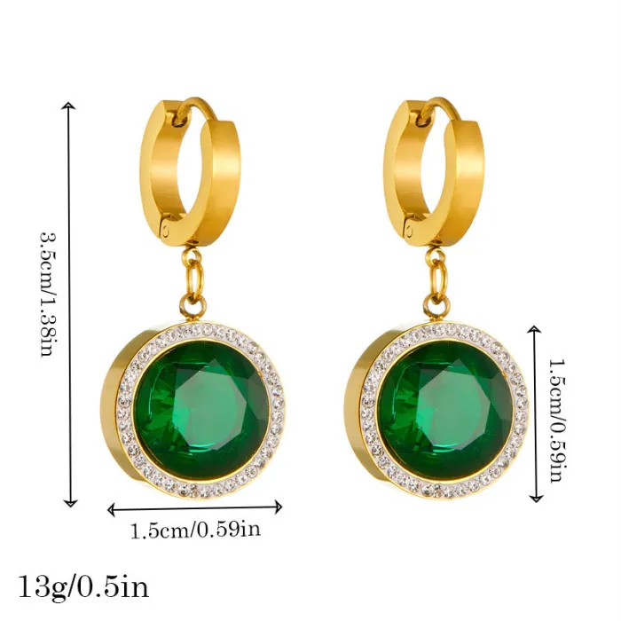 Vintage Green Gemstone Jewelry Set – Round Zircon Pendant Necklace, Earrings & Bracelet in Gold-Plated Stainless Steel | Elegant Retro Style | Wholesale