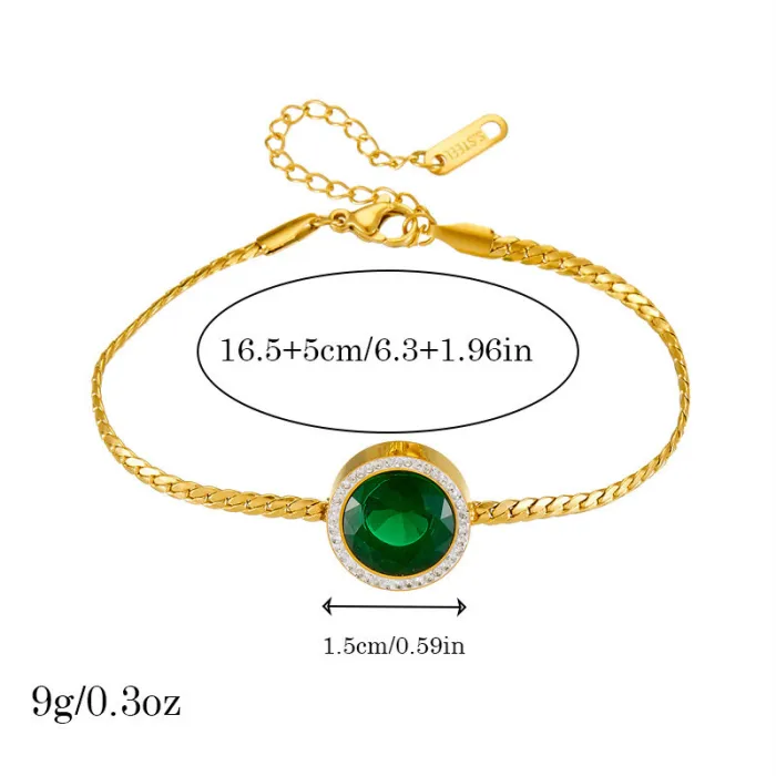 Vintage Green Gemstone Jewelry Set – Round Zircon Pendant Necklace, Earrings & Bracelet in Gold-Plated Stainless Steel | Elegant Retro Style | Wholesale