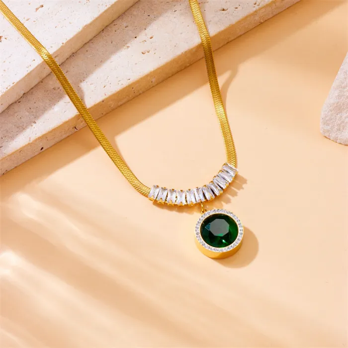 Vintage Green Gemstone Jewelry Set – Round Zircon Pendant Necklace, Earrings & Bracelet in Gold-Plated Stainless Steel | Elegant Retro Style | Wholesale