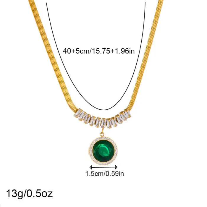 Vintage Green Gemstone Jewelry Set – Round Zircon Pendant Necklace, Earrings & Bracelet in Gold-Plated Stainless Steel | Elegant Retro Style | Wholesale