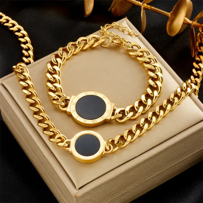Chunky Roman Coin Jewelry Set – Vintage Gold Stainless Steel Necklace & Bracelet with Heavy Chain Links | Statement Accessories for Women | Wholesale
