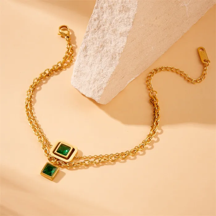 Vintage Gold Geometric Jewelry Set – Double-Layer Chain Necklace, Earrings & Bracelet in Stainless Steel | Square Link Design | Wholesale Jewelry