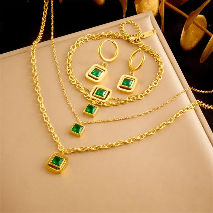 Vintage Gold Geometric Jewelry Set – Double-Layer Chain Necklace, Earrings & Bracelet in Stainless Steel | Square Link Design | Wholesale Jewelry
