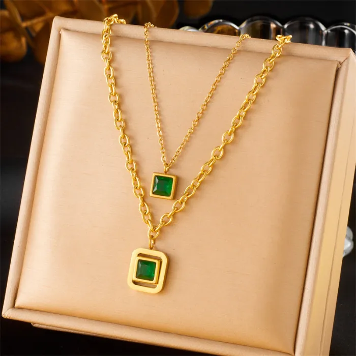 Vintage Gold Geometric Jewelry Set – Double-Layer Chain Necklace, Earrings & Bracelet in Stainless Steel | Square Link Design | Wholesale Jewelry