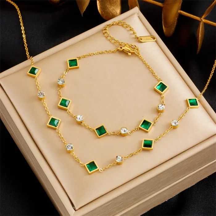 Minimalist Green Square Gem Jewelry Set – Gold-Plated Stainless Steel Chain Necklace & Bracelet for Women | Modern Elegant Style | Wholesale