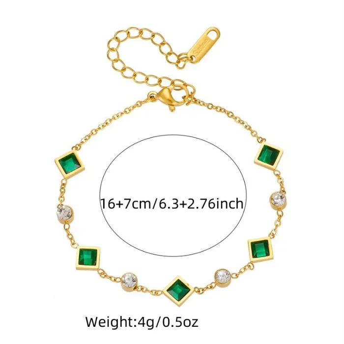 Minimalist Green Square Gem Jewelry Set – Gold-Plated Stainless Steel Chain Necklace & Bracelet for Women | Modern Elegant Style | Wholesale