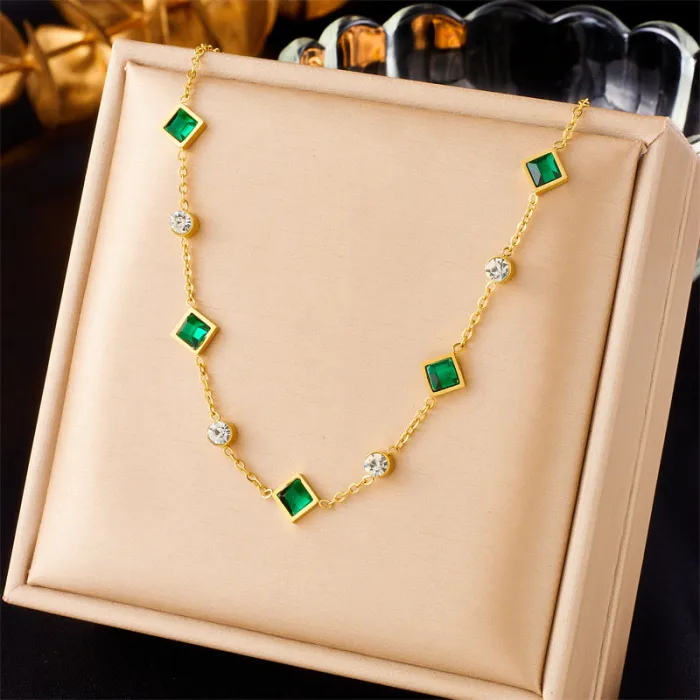 Minimalist Green Square Gem Jewelry Set – Gold-Plated Stainless Steel Chain Necklace & Bracelet for Women | Modern Elegant Style | Wholesale