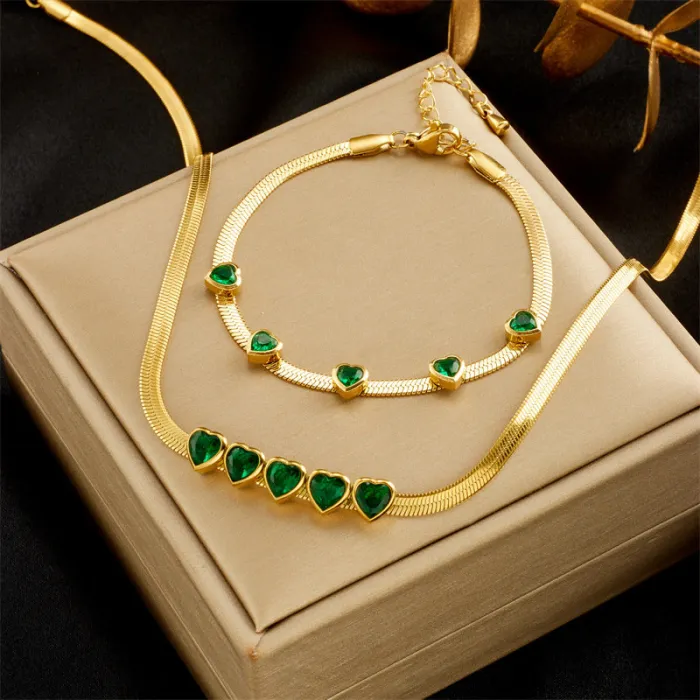 Emerald Green Heart Jewelry Set – Dainty Zircon Bracelet & Snake Chain Necklace in Gold-Plated Stainless Steel | Minimalist Gift for Women | Wholesale