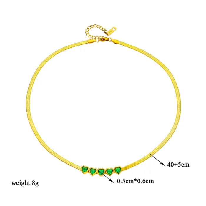 Emerald Green Heart Jewelry Set – Dainty Zircon Bracelet & Snake Chain Necklace in Gold-Plated Stainless Steel | Minimalist Gift for Women | Wholesale