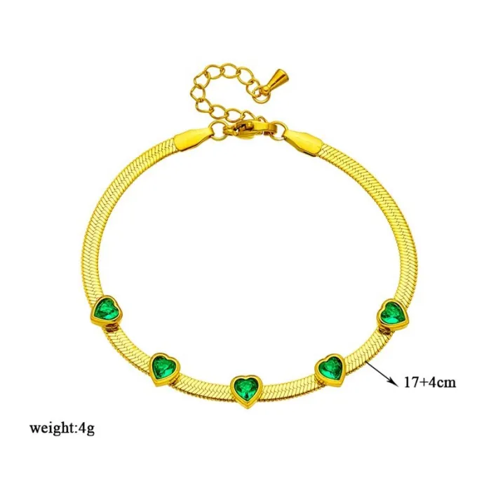 Emerald Green Heart Jewelry Set – Dainty Zircon Bracelet & Snake Chain Necklace in Gold-Plated Stainless Steel | Minimalist Gift for Women | Wholesale
