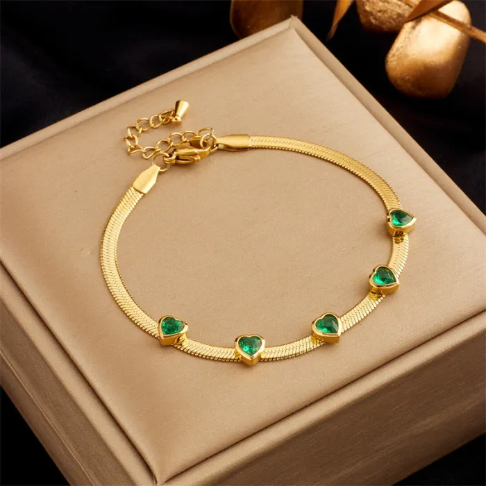 Emerald Green Heart Jewelry Set – Dainty Zircon Bracelet & Snake Chain Necklace in Gold-Plated Stainless Steel | Minimalist Gift for Women | Wholesale