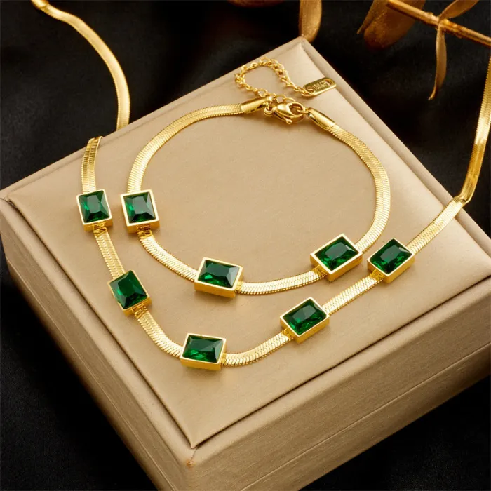 Emerald Green Sugar Cube Jewelry Set – Minimalist Titanium Steel Necklace & Bracelet for Women | Vintage Chic Gift Set | Wholesale Jewelry