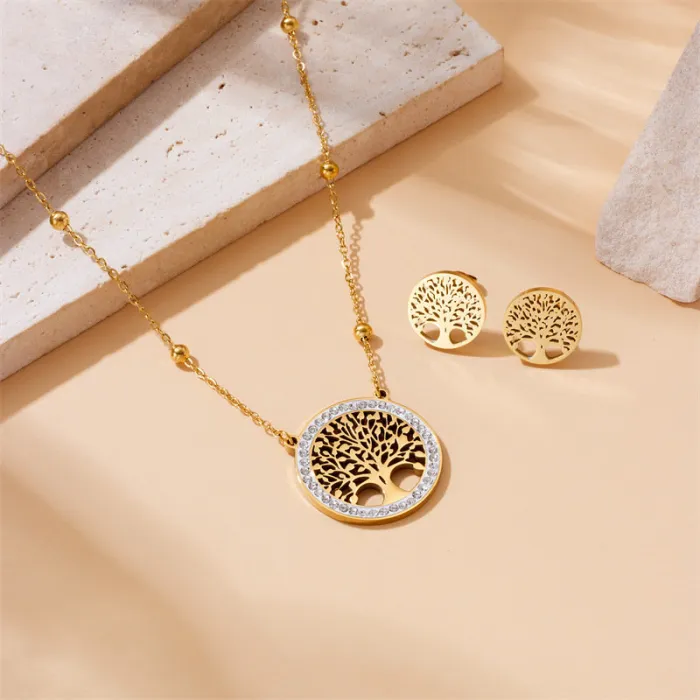 Tree of Life Hollow Pendant Jewelry Set – Round Stainless Steel Necklace & Stud Earrings for Women | Symbolic Minimalist Design | Wholesale