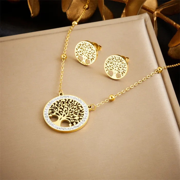Tree of Life Hollow Pendant Jewelry Set – Round Stainless Steel Necklace & Stud Earrings for Women | Symbolic Minimalist Design | Wholesale