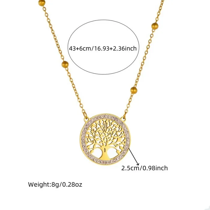 Tree of Life Hollow Pendant Jewelry Set – Round Stainless Steel Necklace & Stud Earrings for Women | Symbolic Minimalist Design | Wholesale